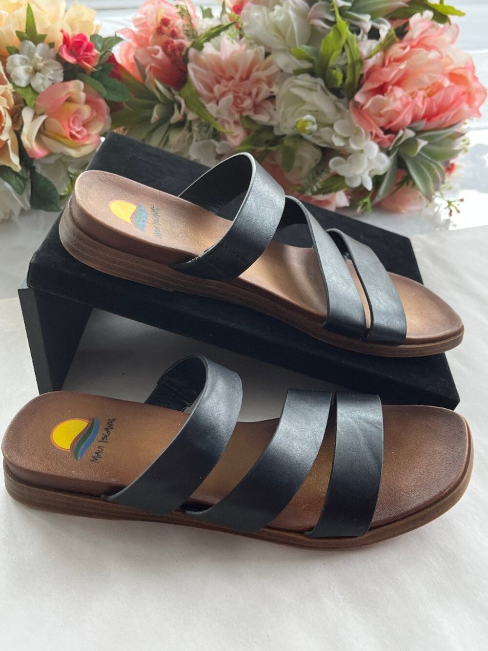 Maui Island Kona Triple Strap Slide Sandals Black Size 7
